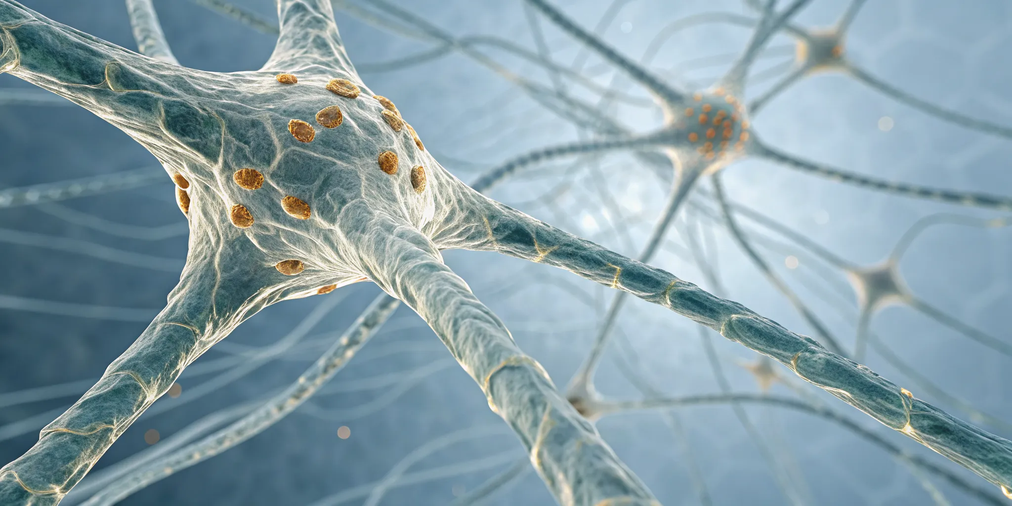 A close-up of nerve cells undergoing repair with regenerative medicine for nerve damage.