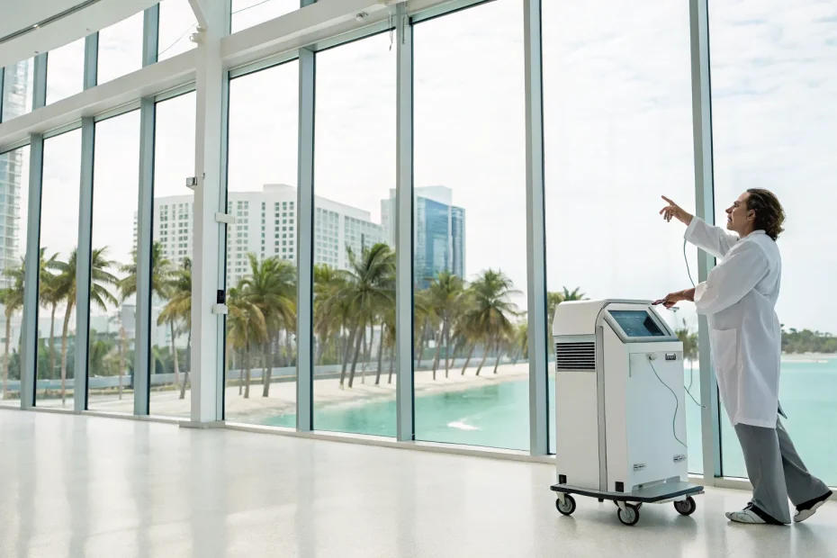 Doctor using a shockwave therapy device for ED treatment in Miami.