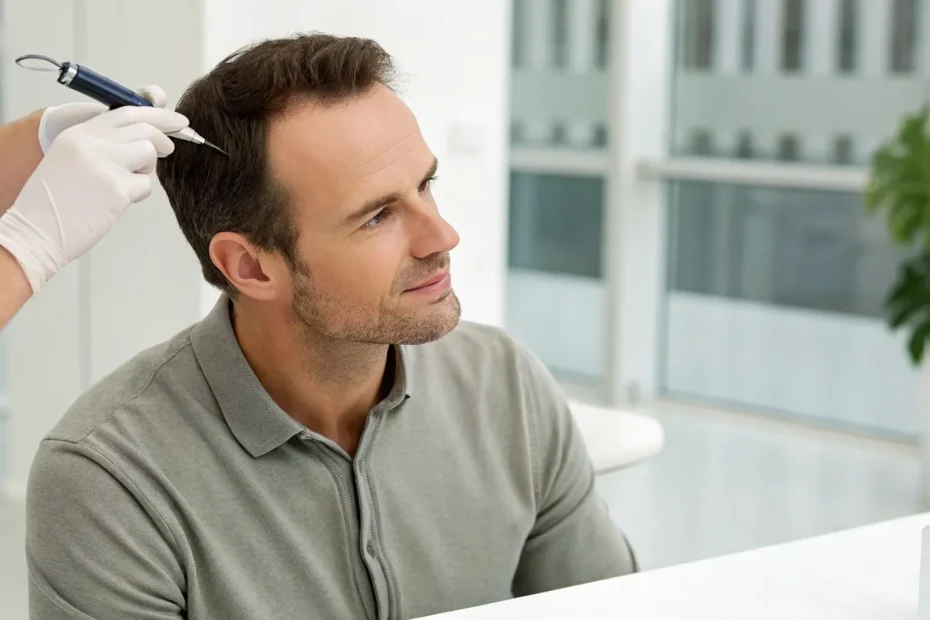 Non-surgical hair restoration for men treatment in a clinic.