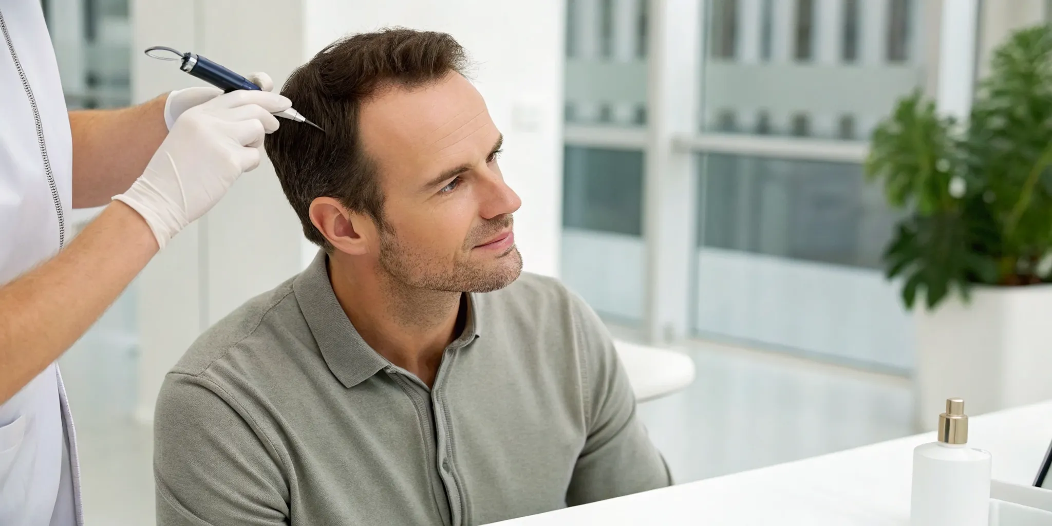 Non-surgical hair restoration for men treatment in a clinic.