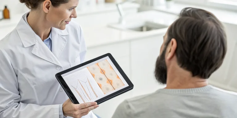 Doctor and patient reviewing the results of an exosome hair restoration treatment.