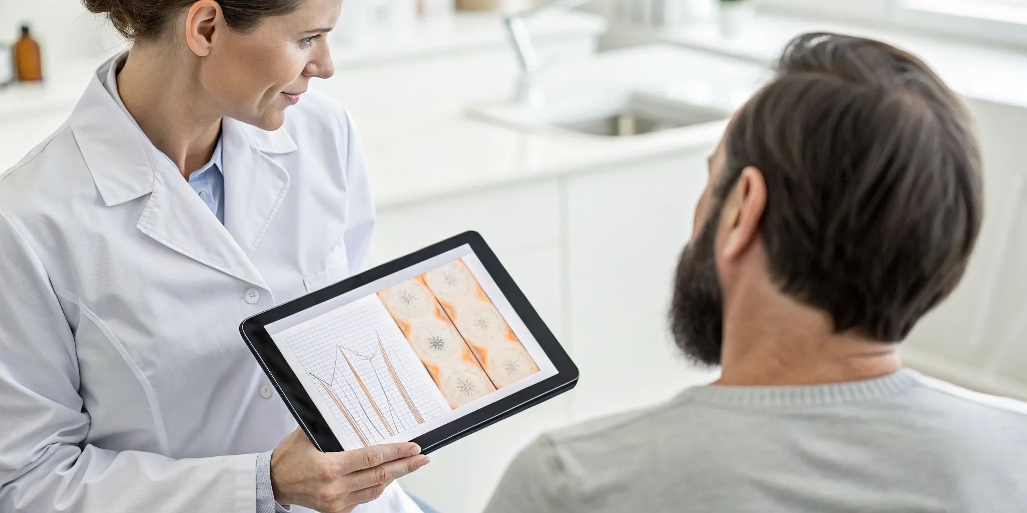 Doctor and patient reviewing the results of an exosome hair restoration treatment.