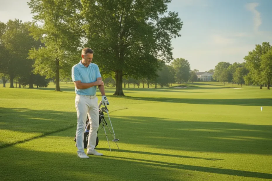 Golfer holding the inner elbow on a golf course