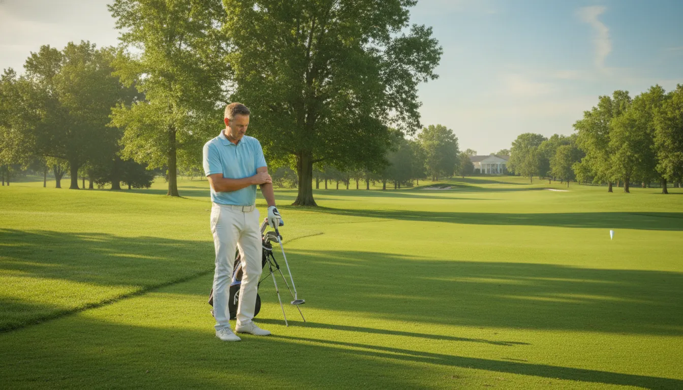 Golfer holding the inner elbow on a golf course