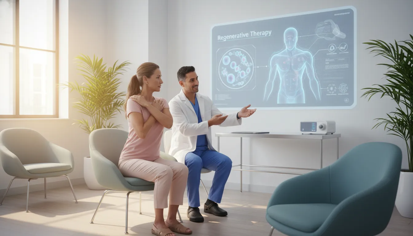 Miami patient discussing rotator cuff stem cell therapy with a clinician