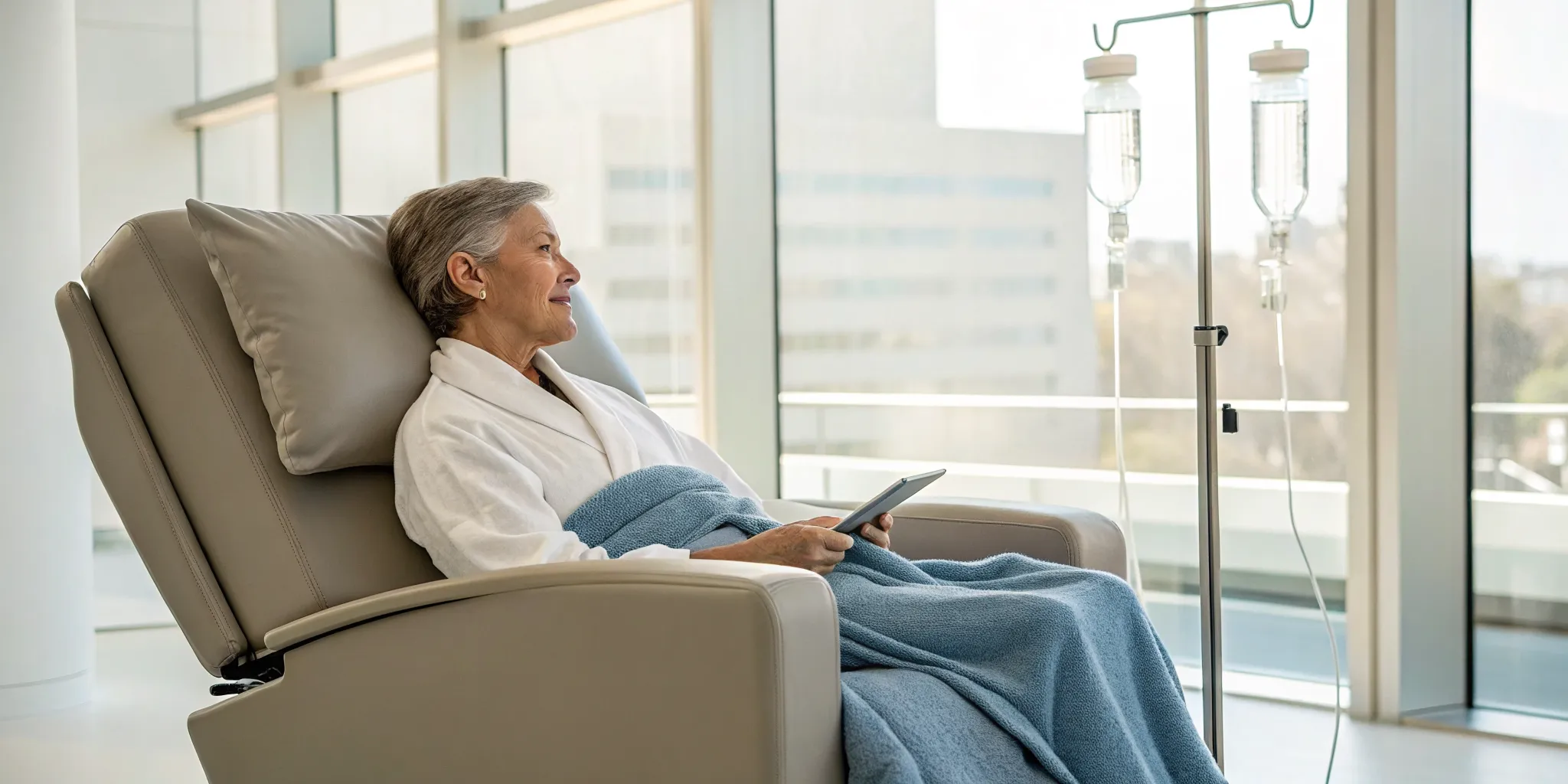 Patient receiving an exosome IV infusion in a recliner at a longevity clinic.