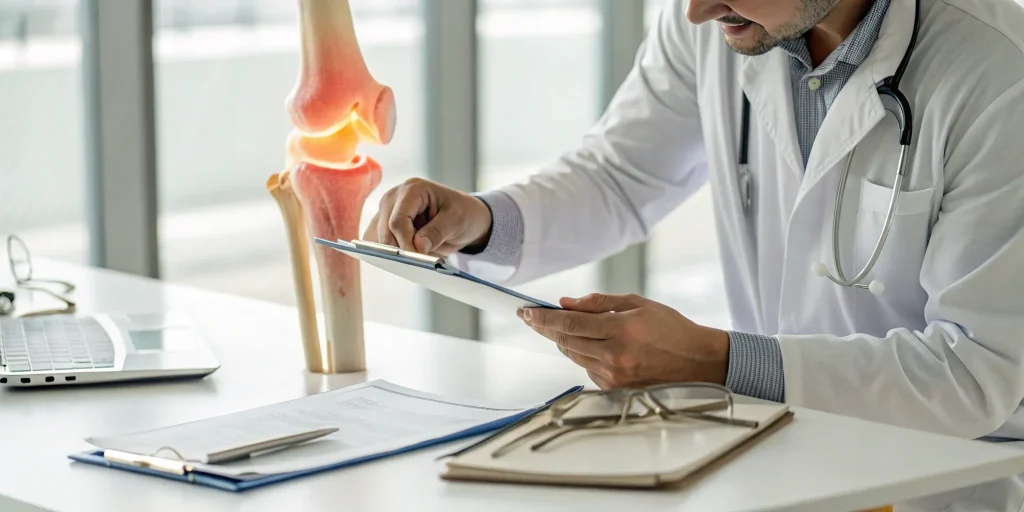 Doctor reviewing knee joint model for knee arthritis treatment without surgery.