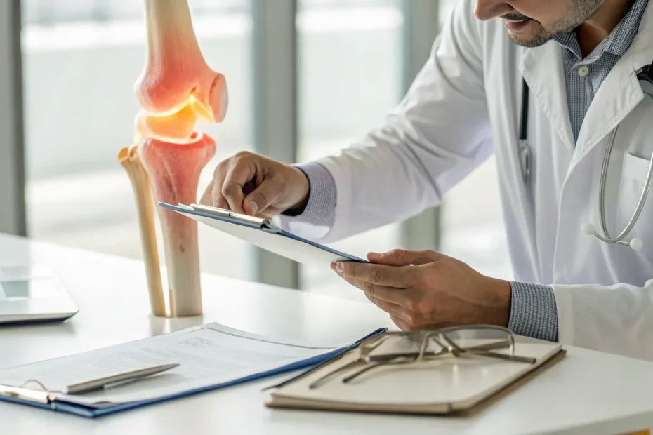 Doctor reviewing knee joint model for knee arthritis treatment without surgery.