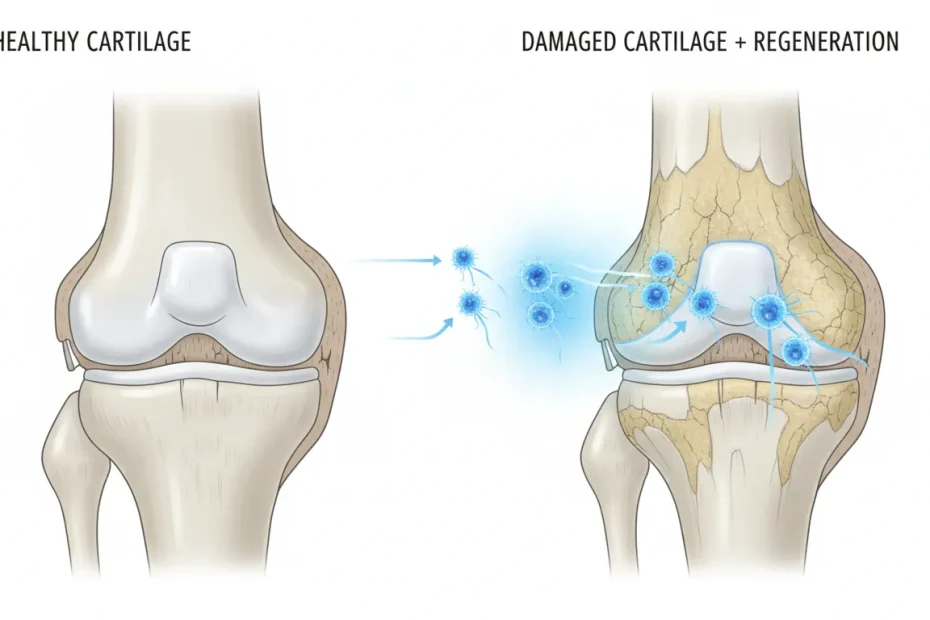 Medical illustration of knee joint with regenerative medicine concept for cartilage repair