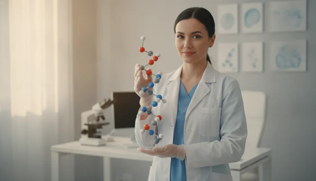 Medical professional holding a molecular model of a peptide chain in a modern clinic setting