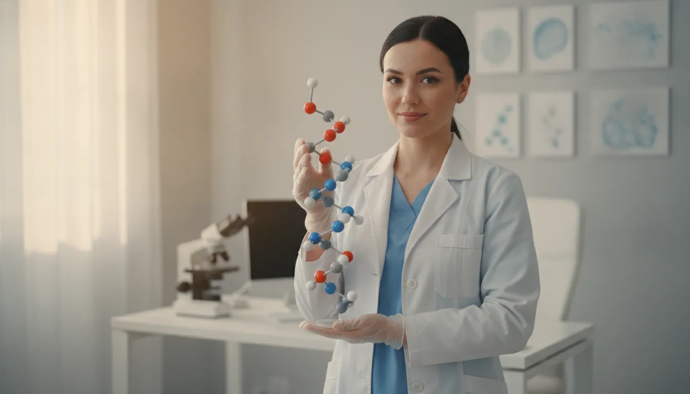 Medical professional holding a molecular model of a peptide chain in a modern clinic setting