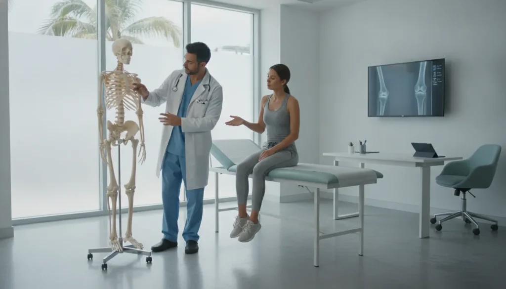 Doctor consulting with a patient about knee stem cell therapy at a modern Miami clinic