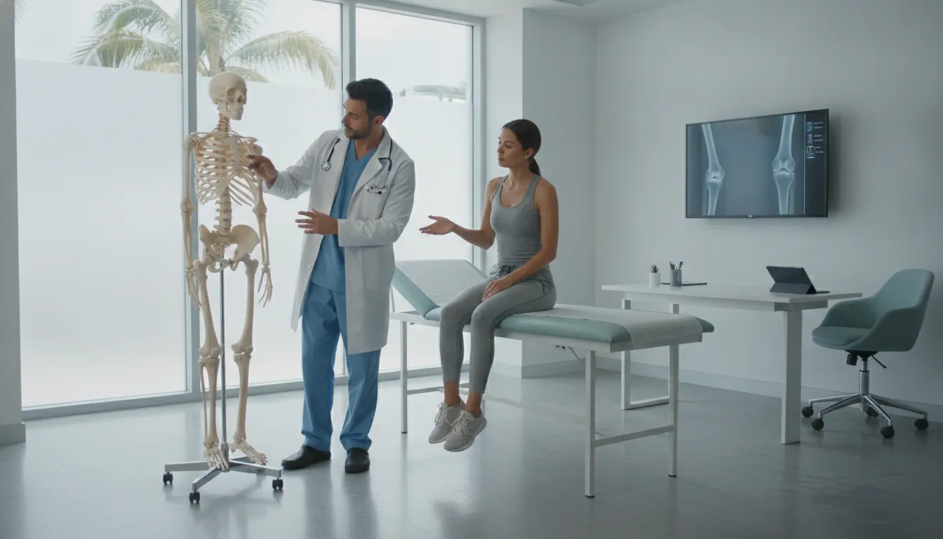 Doctor consulting with a patient about knee stem cell therapy at a modern Miami clinic