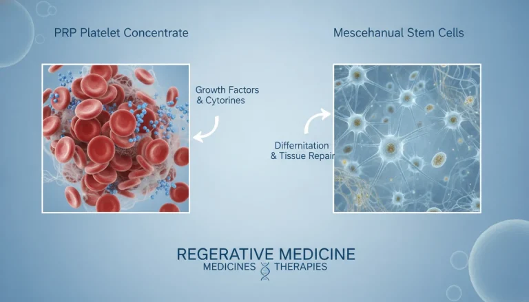 Medical illustration comparing PRP platelet concentrate and mesenchymal stem cells in a split view, clean professional medical aesthetic