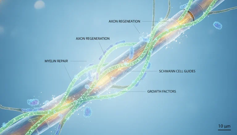 Microscopic view of healthy nerve fibers undergoing repair and cellular regeneration.