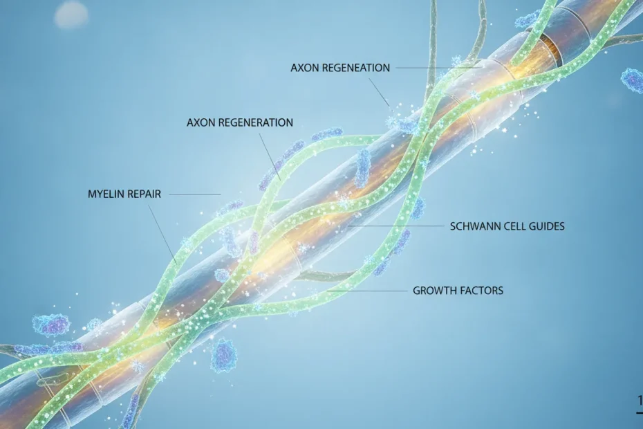 Microscopic view of healthy nerve fibers undergoing repair and cellular regeneration.