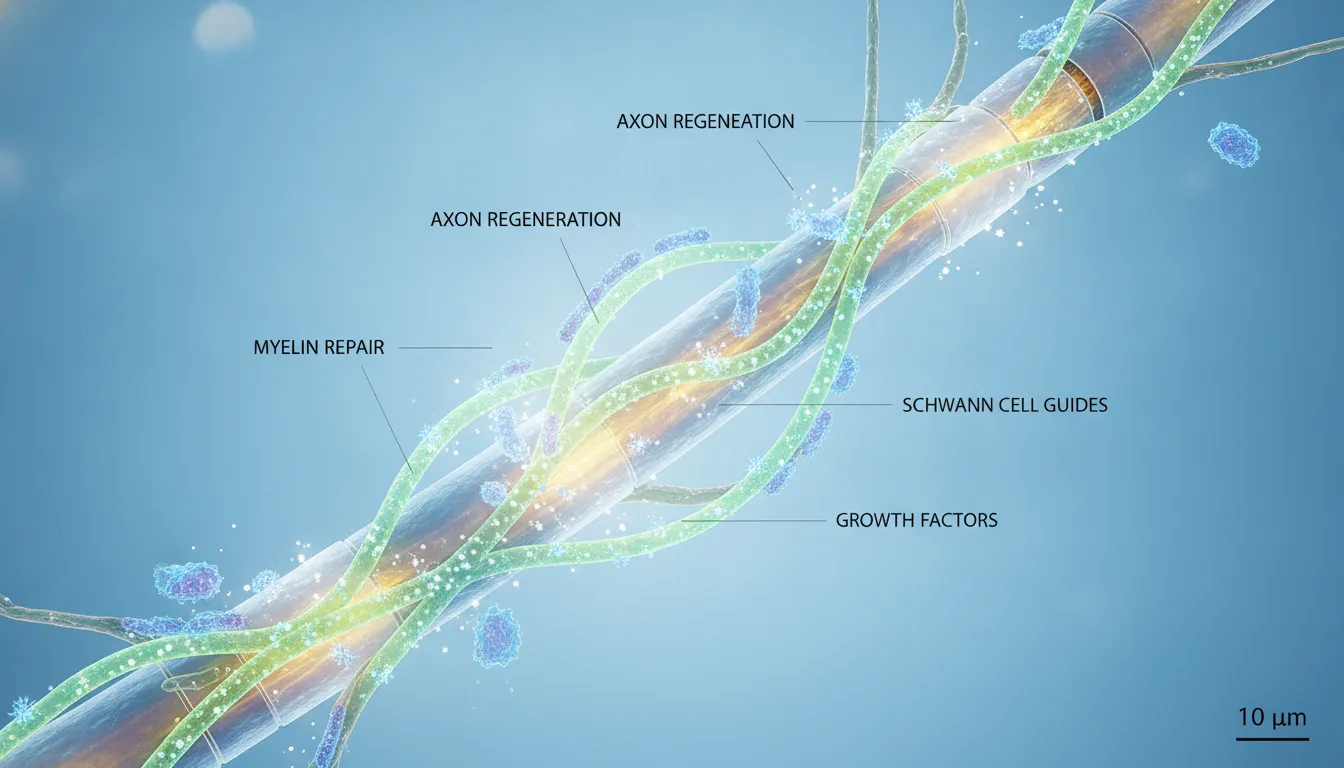 Microscopic view of healthy nerve fibers undergoing repair and cellular regeneration.
