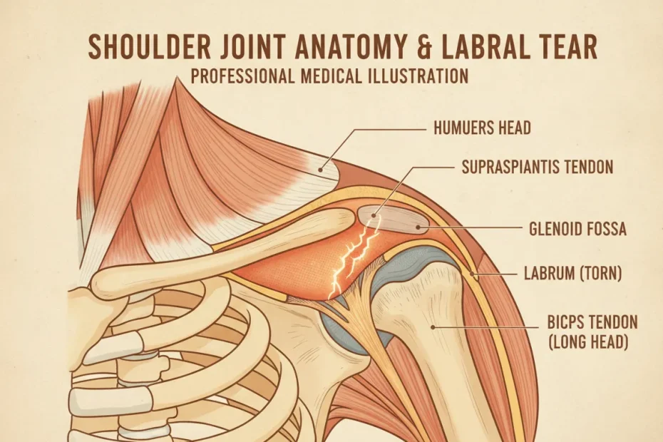 Medical illustration of a shoulder joint with labral anatomy highlighted