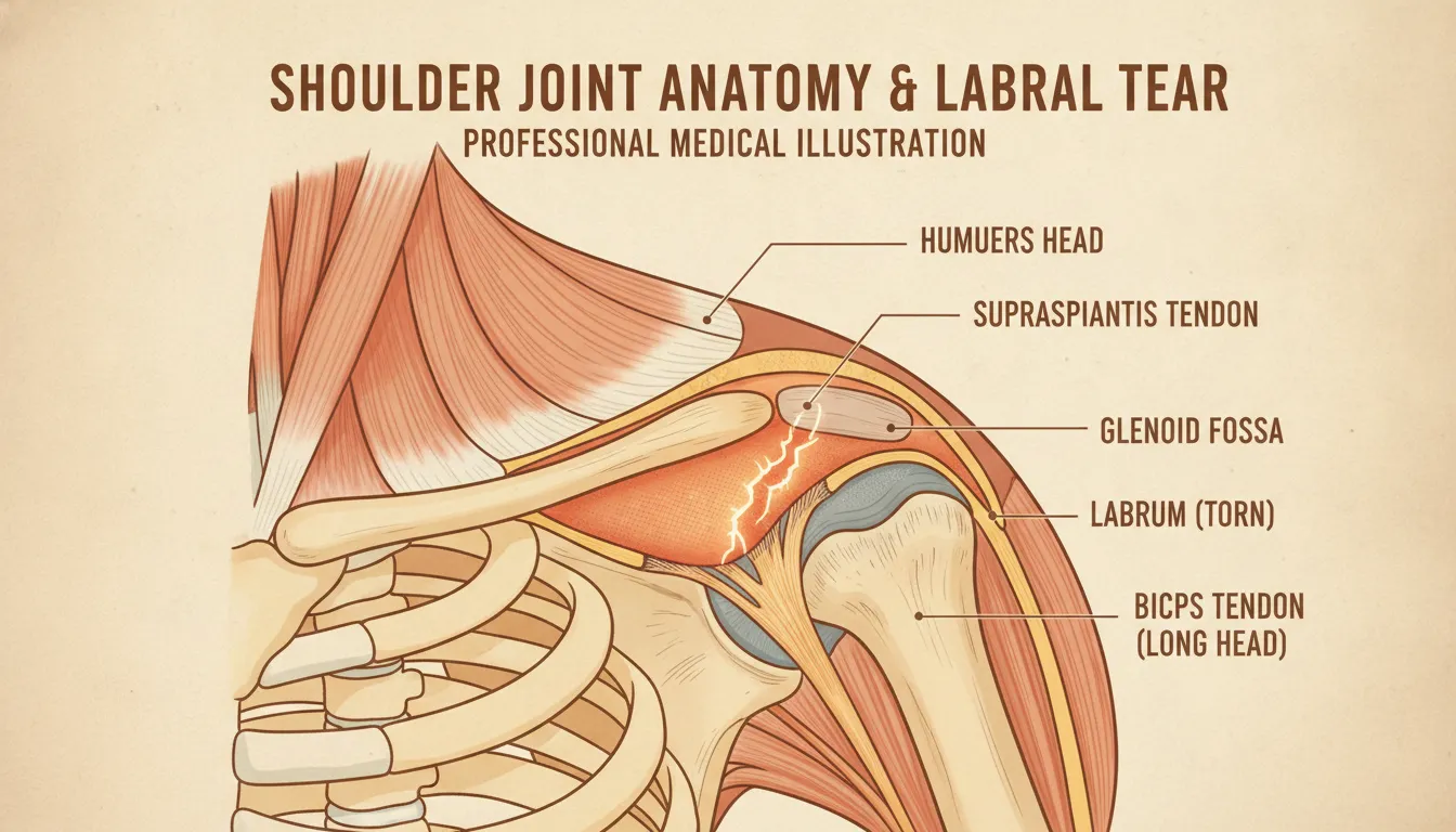 Medical illustration of a shoulder joint with labral anatomy highlighted