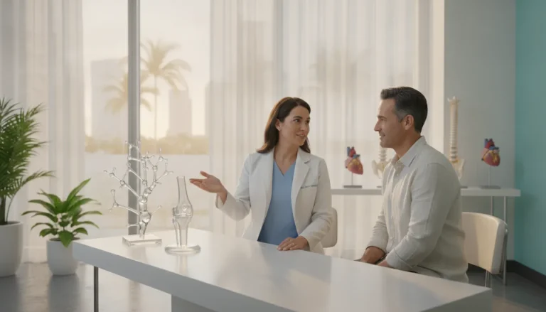 Physician consulting with patient about stem cell therapy options at Miami Stem Cell clinic