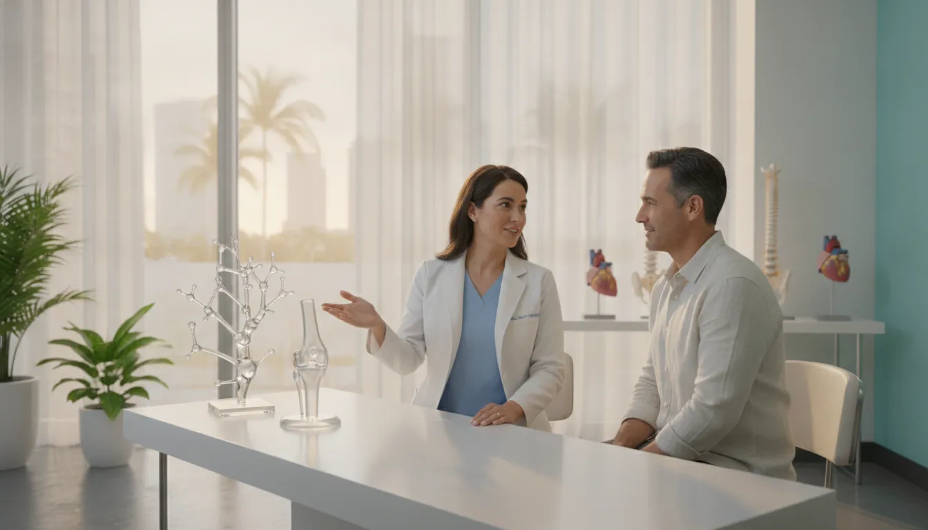 Physician consulting with patient about stem cell therapy options at Miami Stem Cell clinic