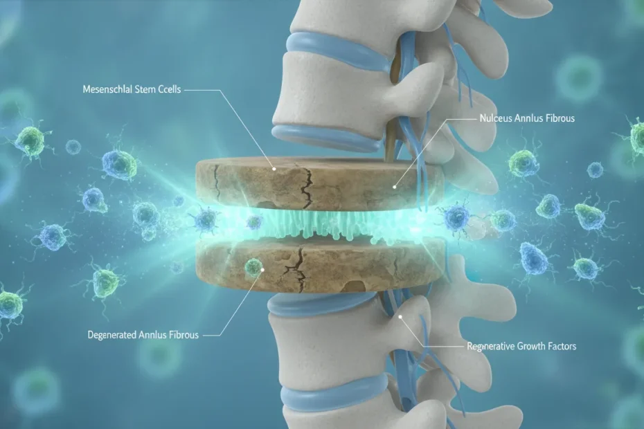 Microscopic view of mesenchymal stem cells approaching a damaged spinal disc with regenerative glow