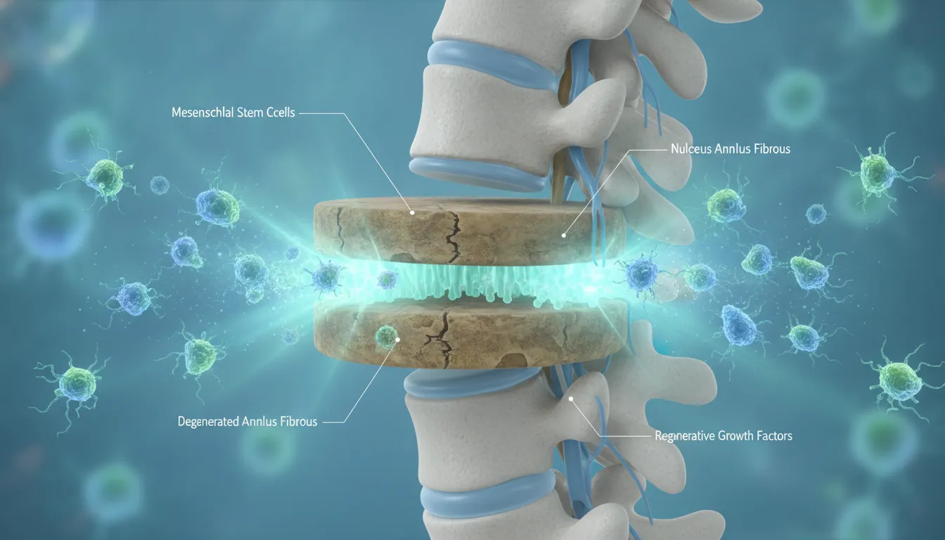 Microscopic view of mesenchymal stem cells approaching a damaged spinal disc with regenerative glow