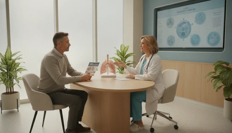 A doctor consulting with a patient about lung health and regenerative medicine options in a warm medical clinic setting