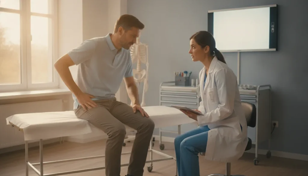 Orthopedic doctor consulting with a middle-aged patient about hip pain in a bright medical office