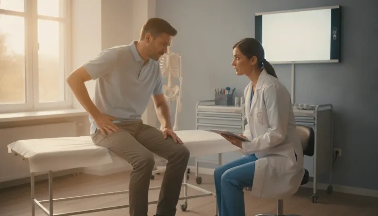 Orthopedic doctor consulting with a middle-aged patient about hip pain in a bright medical office