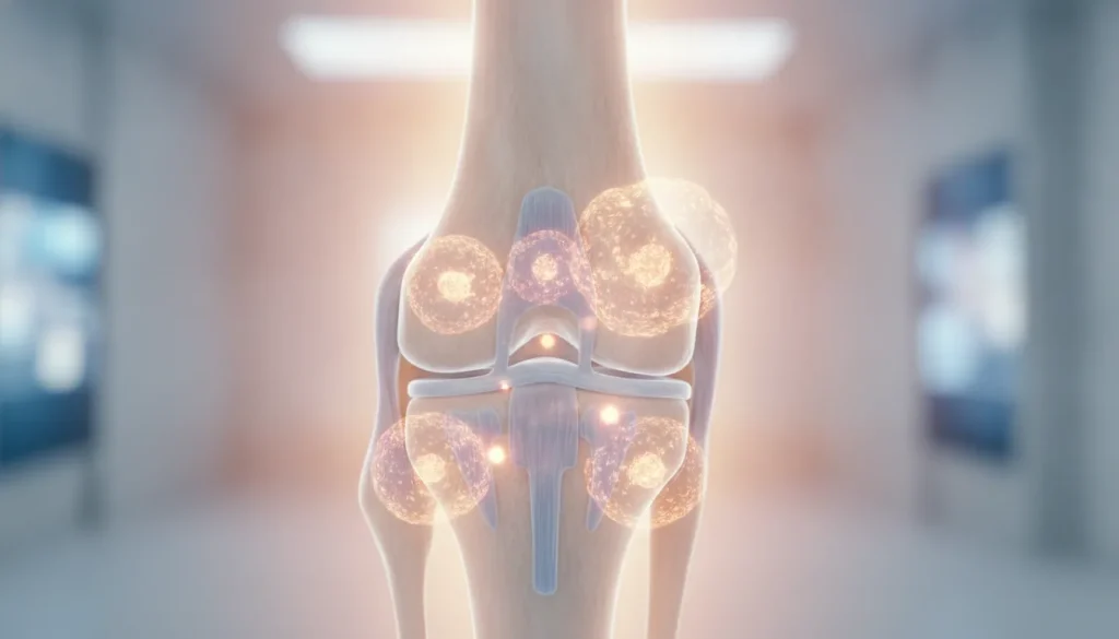 Knee joint with regenerative stem cell therapy visualization, medical background