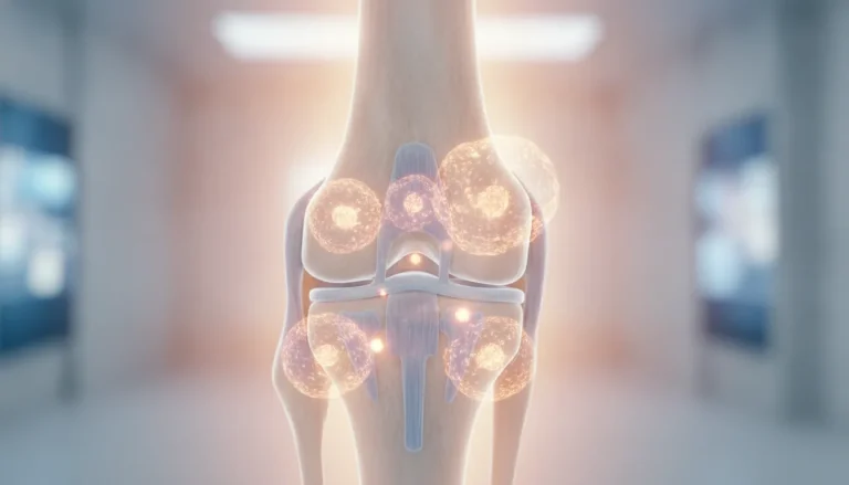 Knee joint with regenerative stem cell therapy visualization, medical background