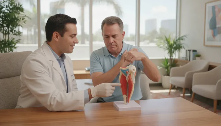 Orthopedic doctor consulting with patient about shoulder pain in Miami medical office