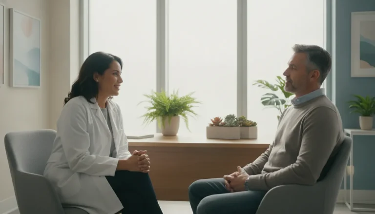 Medical professional speaking with a patient in a bright, modern clinic examining health options together