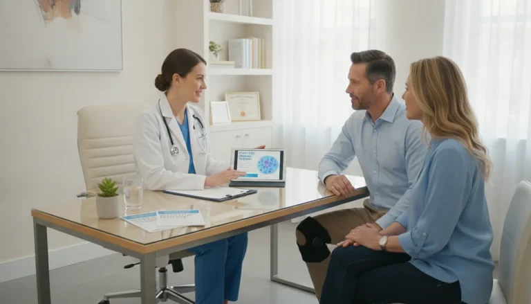 Doctor consulting with a patient about stem cell therapy recovery at a modern medical clinic in Miami