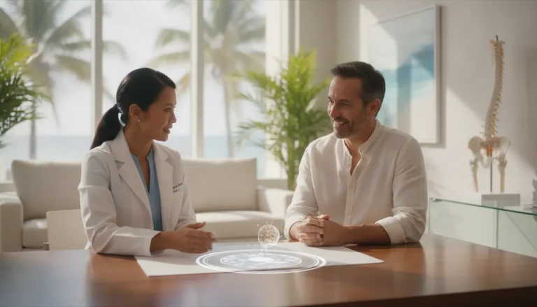 Regenerative medicine doctor reviewing treatment outcomes with a patient in a Miami medical office with anatomical model in background