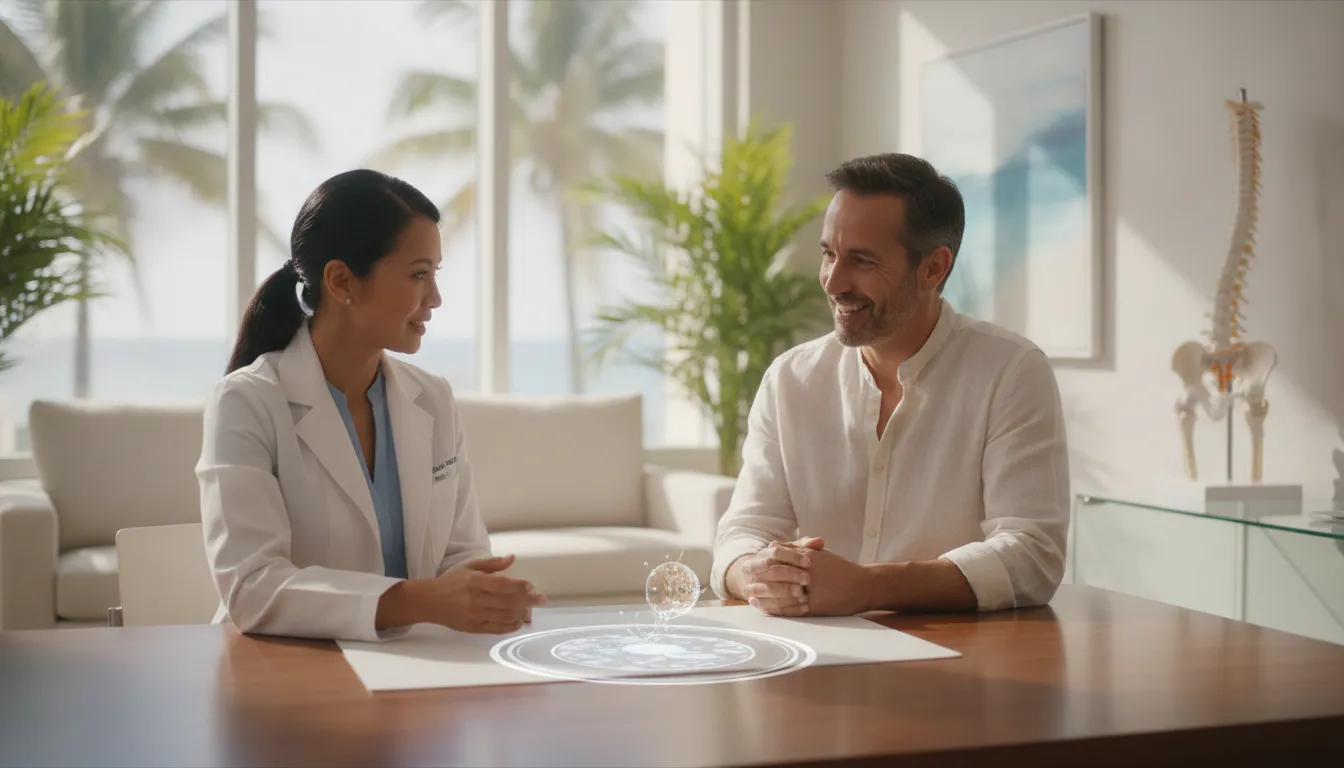 Regenerative medicine doctor reviewing treatment outcomes with a patient in a Miami medical office with anatomical model in background