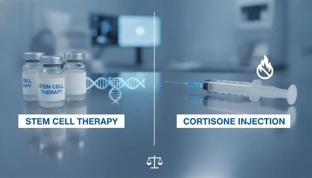 Comparison of stem cell therapy vials and cortisone syringe on a medical table