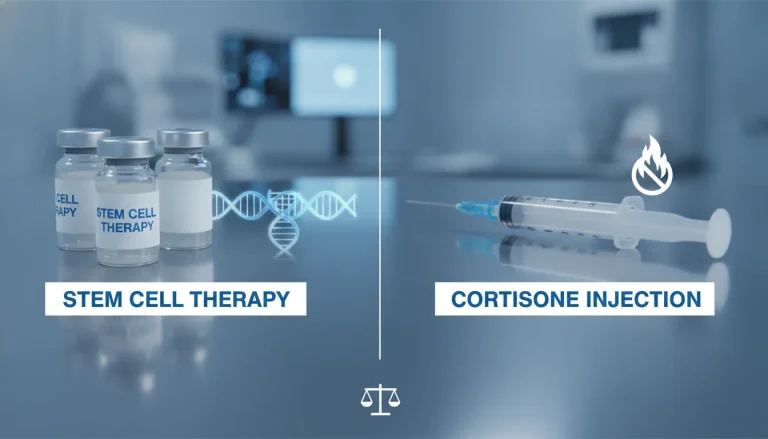 Comparison of stem cell therapy vials and cortisone syringe on a medical table