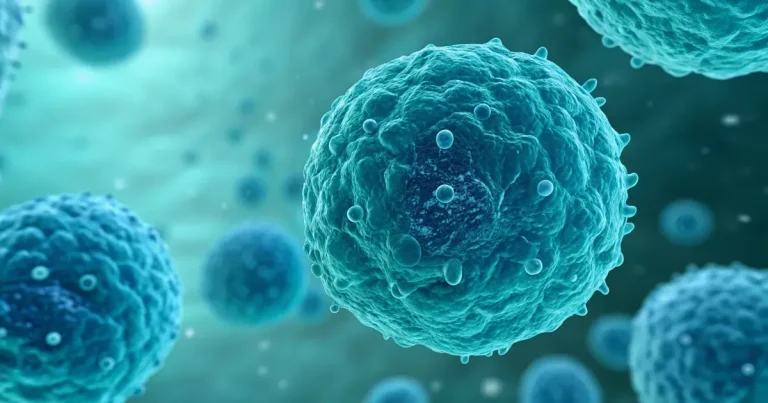 Microscopic visualization of Muse stem cells with glowing SSEA-3 surface markers against a teal scientific background