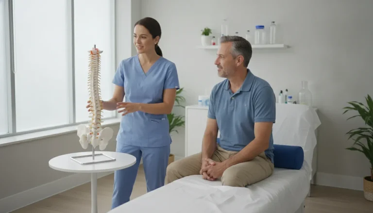 A physician speaking with a patient about spinal health in a bright modern Miami clinic
