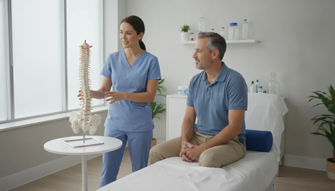 A physician speaking with a patient about spinal health in a bright modern Miami clinic