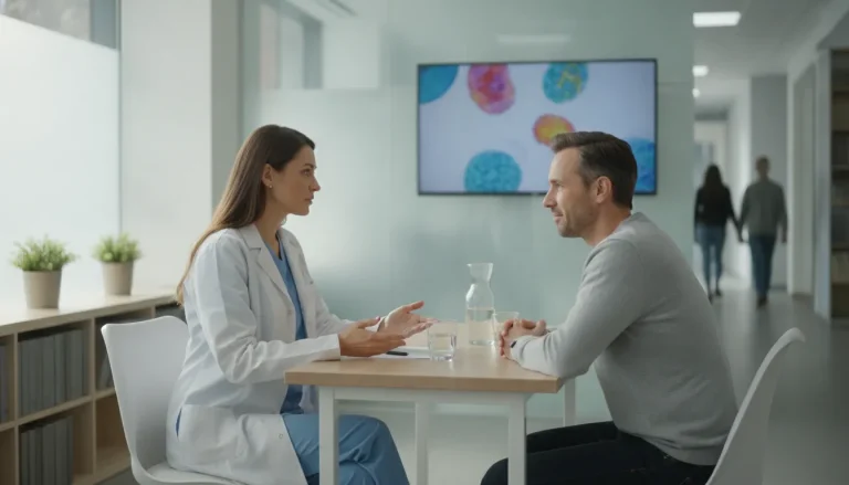 Regenerative medicine physician consulting with a patient in a bright clinic about treatment options