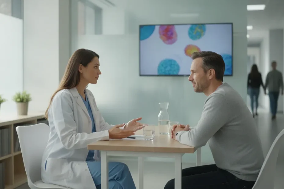 Regenerative medicine physician consulting with a patient in a bright clinic about treatment options