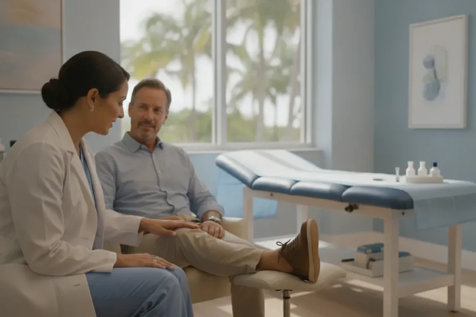 Regenerative medicine physician discussing joint and knee health with a patient in a Miami clinic