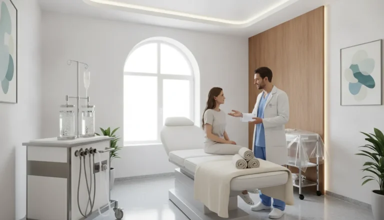 Modern medical treatment room at a regenerative medicine clinic with professional clinical equipment and warm natural lighting
