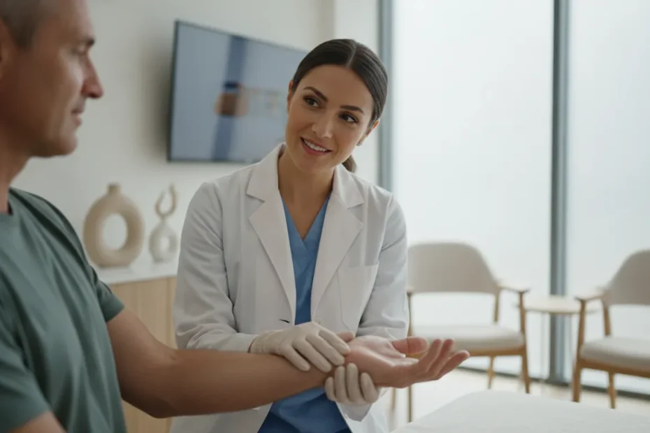 Regenerative medicine physician examining a patient's hand and wrist in a modern clinic for stem cell therapy for carpal tunnel syndrome