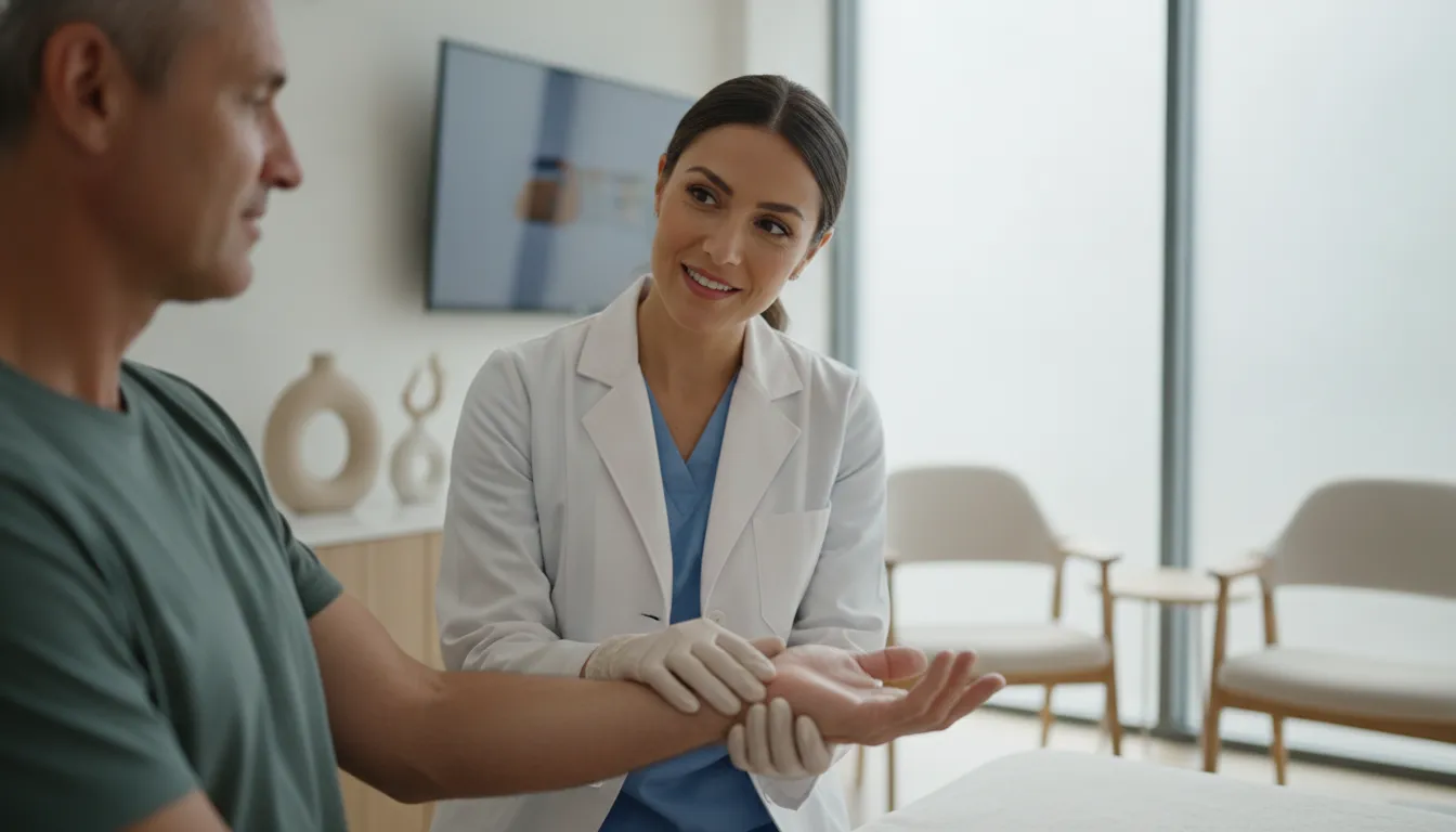 Regenerative medicine physician examining a patient's hand and wrist in a modern clinic for stem cell therapy for carpal tunnel syndrome