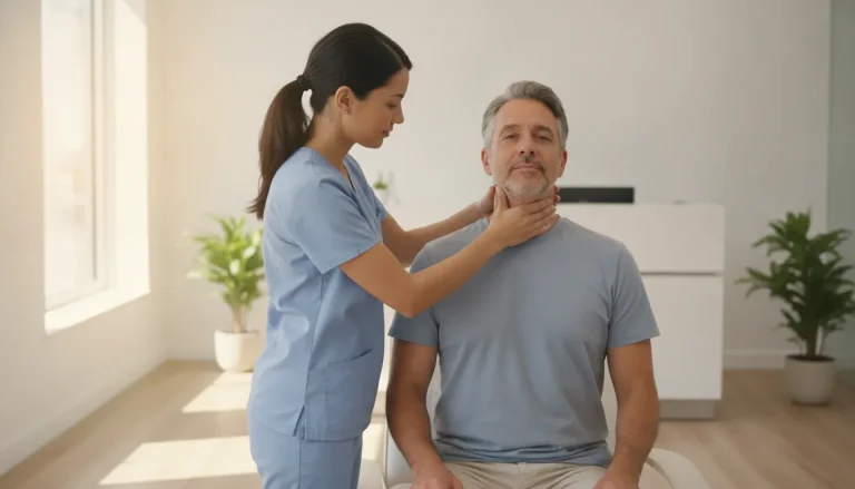 Physician examining a patient's neck in a modern regenerative medicine clinic