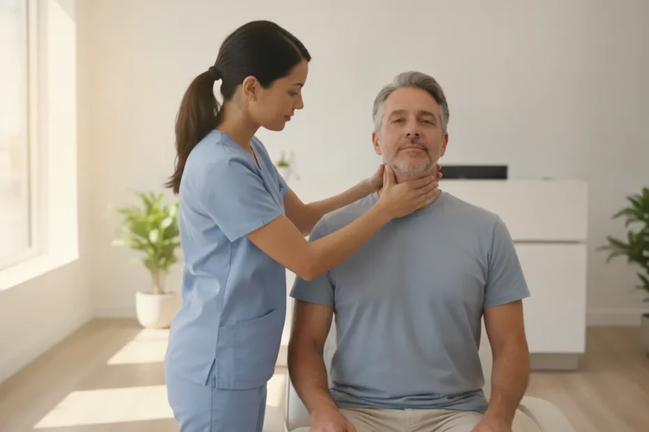 Physician examining a patient's neck in a modern regenerative medicine clinic